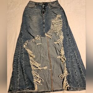 Distressed Blue Denim Maxi Skirt - Women's